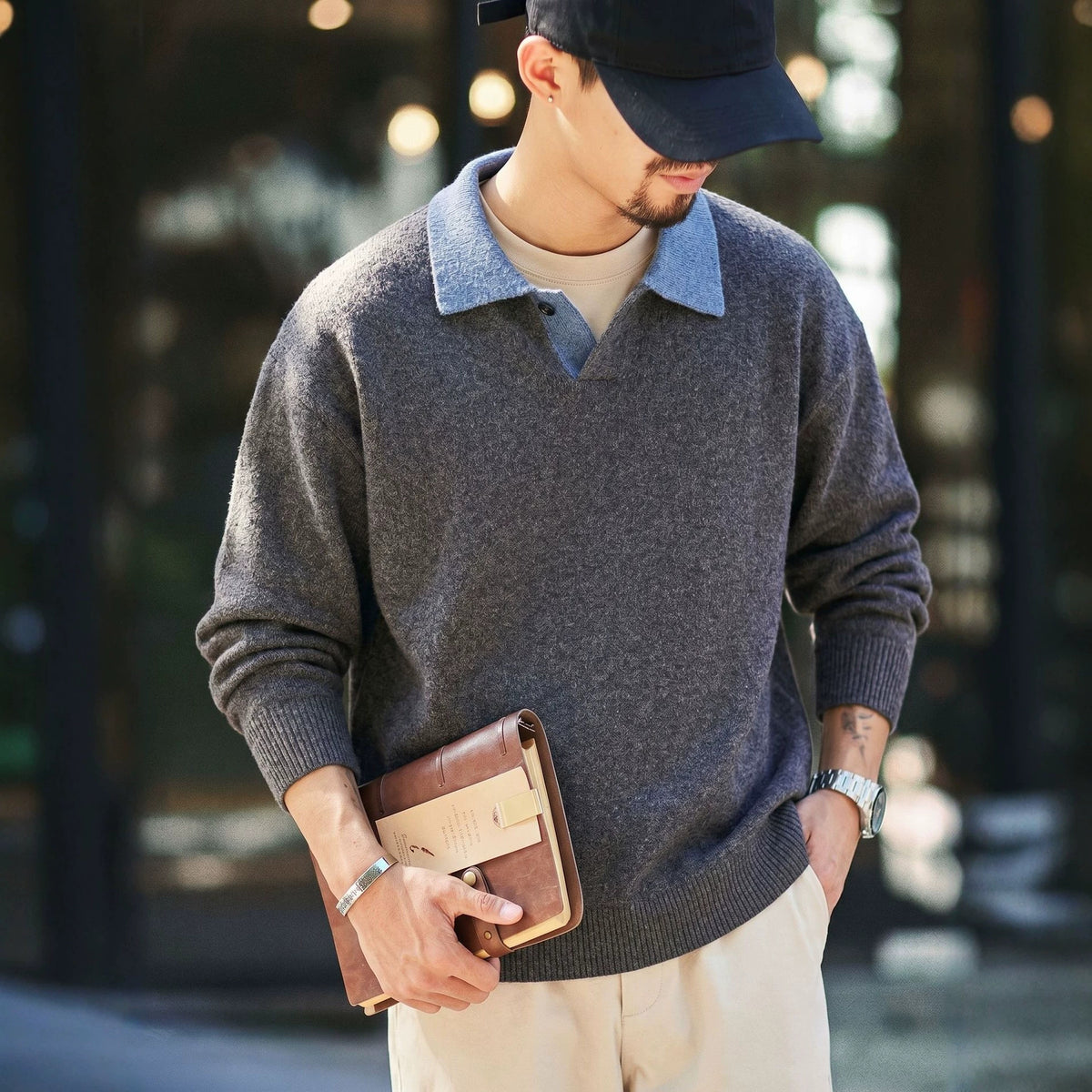 Herren-Colorblock-Pullover mit Reverskragen