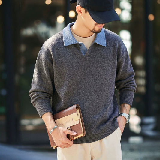 Colour-Block Lapel Sweater