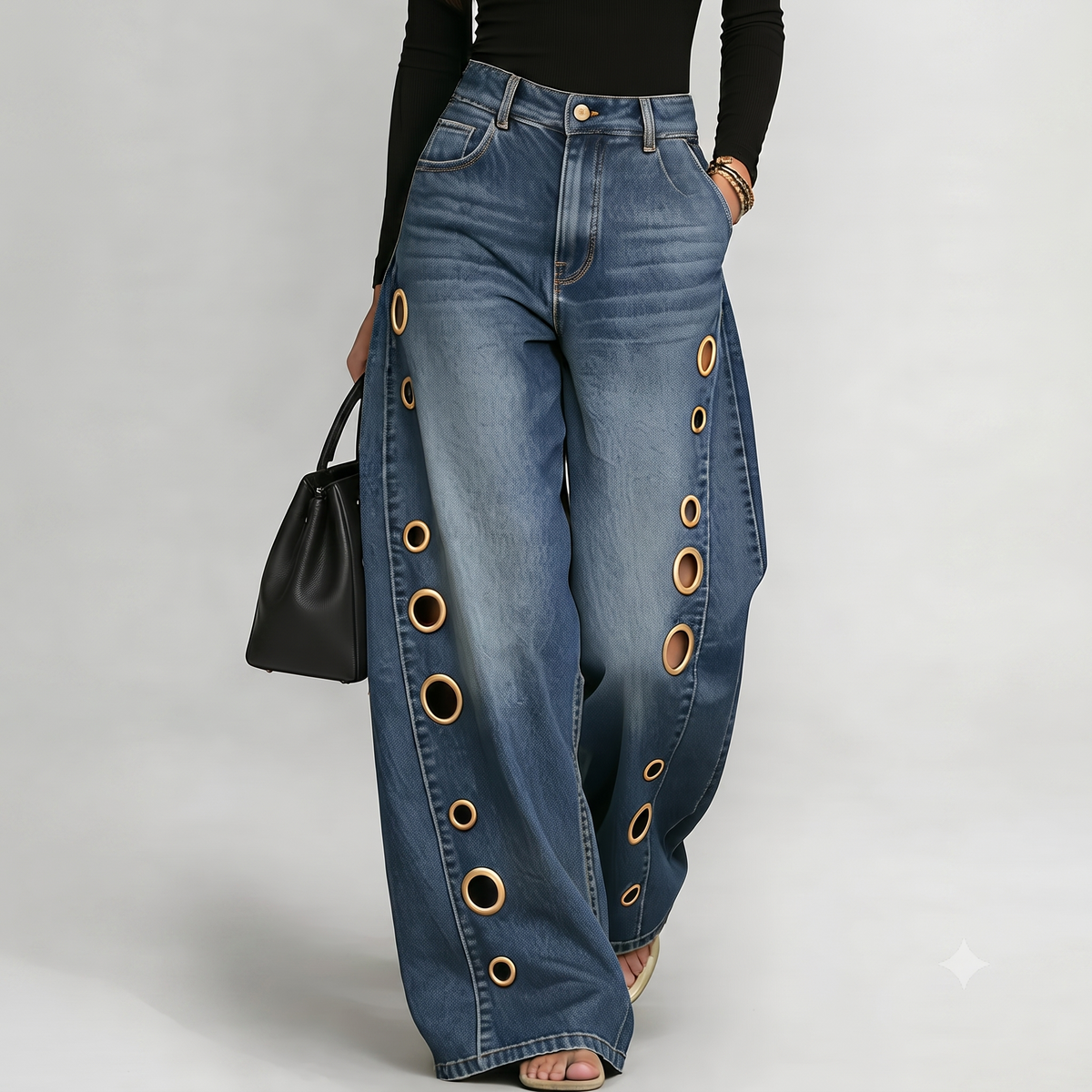 Jeans a gamba larga a vita alta con occhielli