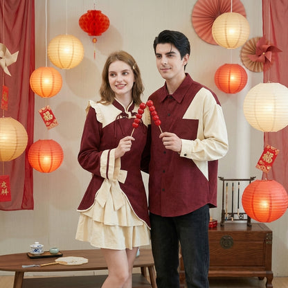 Ensemble couple robe col cheongsam et chemise