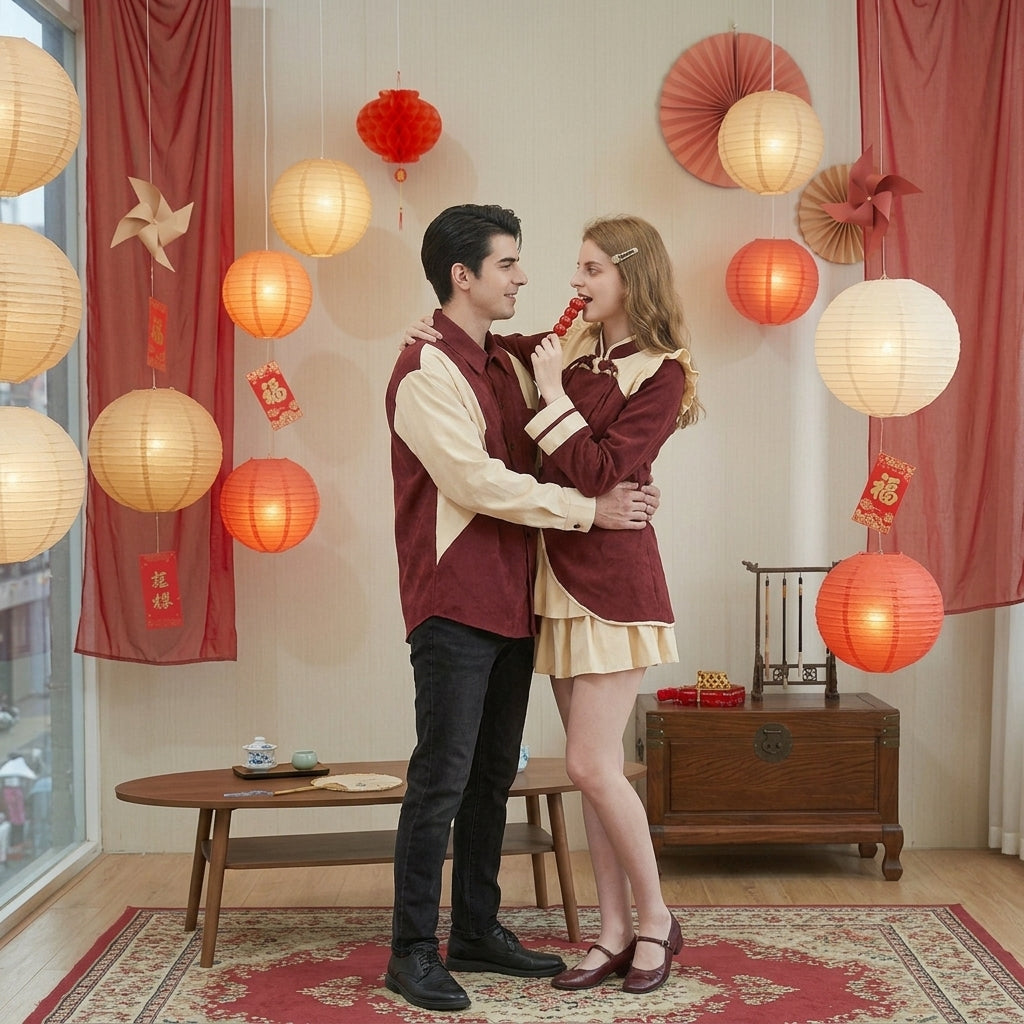 Ensemble couple robe col cheongsam et chemise