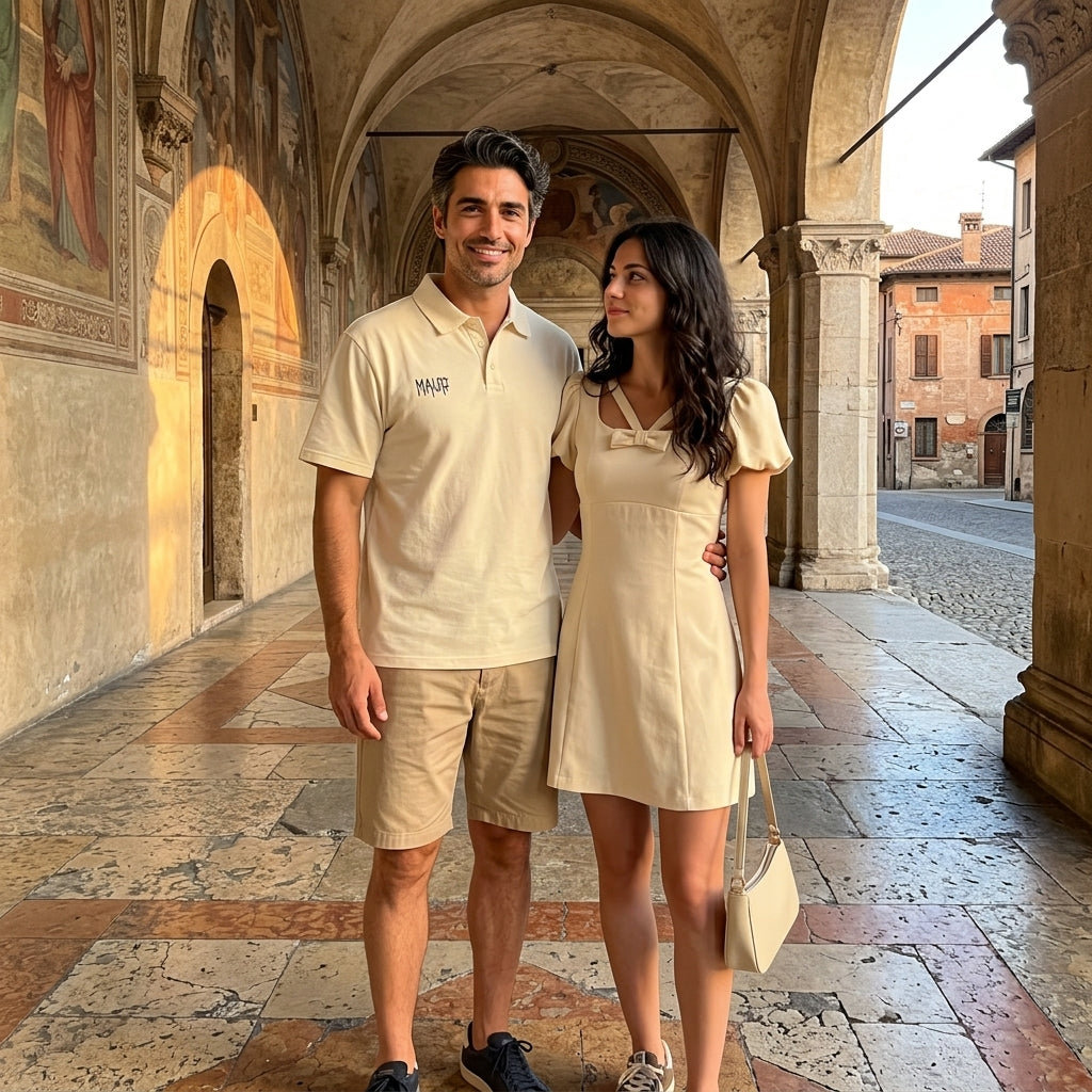 Bubble-Sleeve Dress & Tee Couples Set