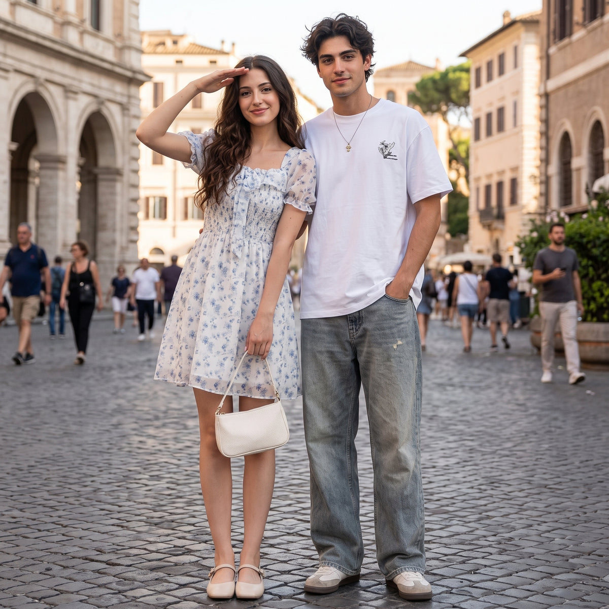 Ensemble couple robe fleurie à manches bouffantes et T-shirt