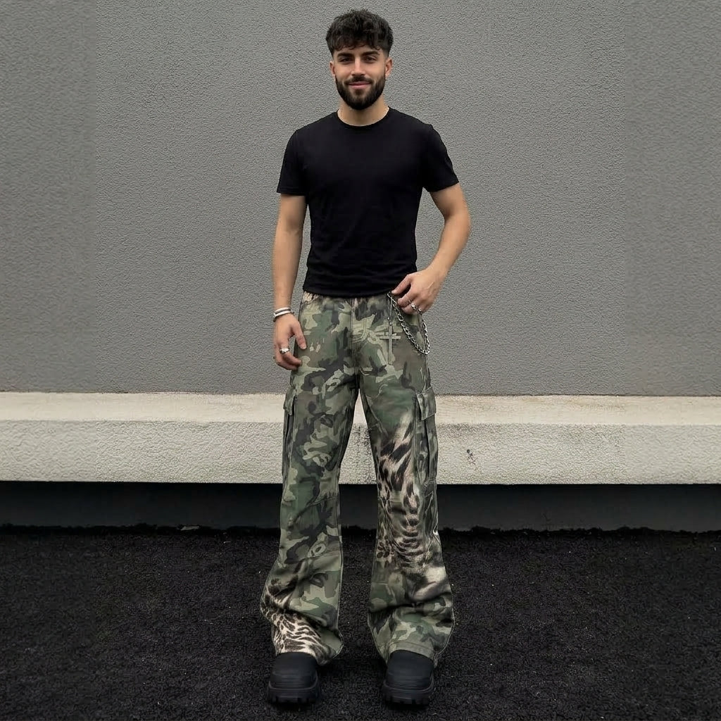 Leopard-Camouflage Wide-Leg Jeans