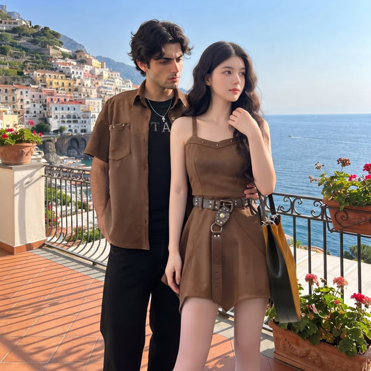 Irregular Strap Dress & Shirt Couples Set