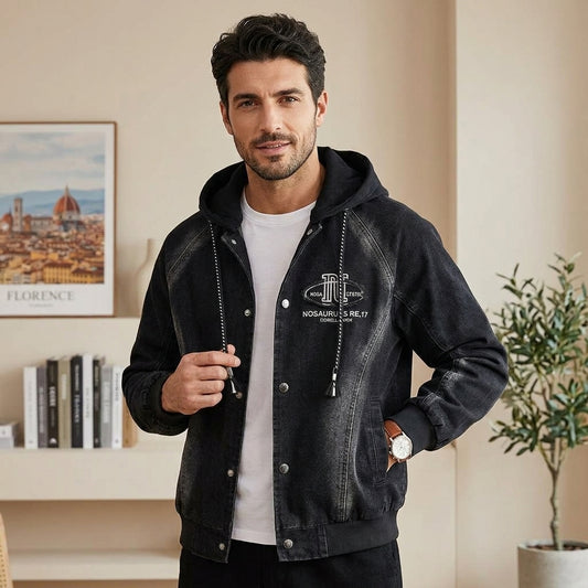 Hooded Faux-Layer Denim Jacket