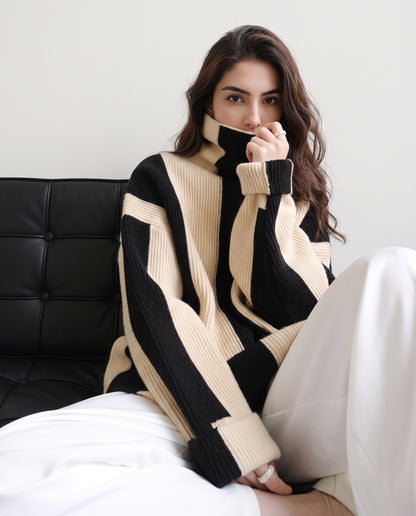 Asymmetric Turtleneck Colour-Block Pullover