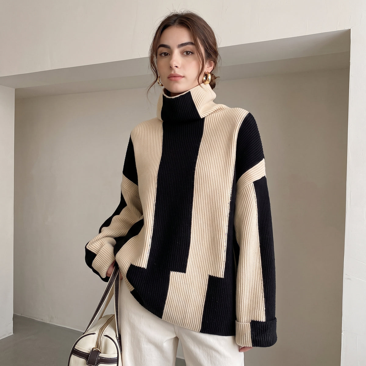 Asymmetric Turtleneck Colour-Block Pullover