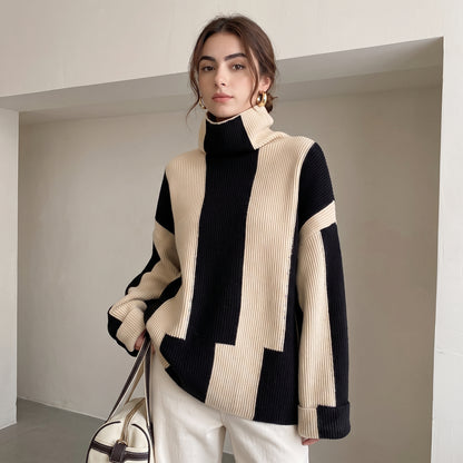 Asymmetric Turtleneck Colour-Block Pullover