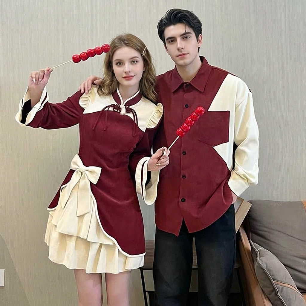 Ensemble couple robe col cheongsam et chemise