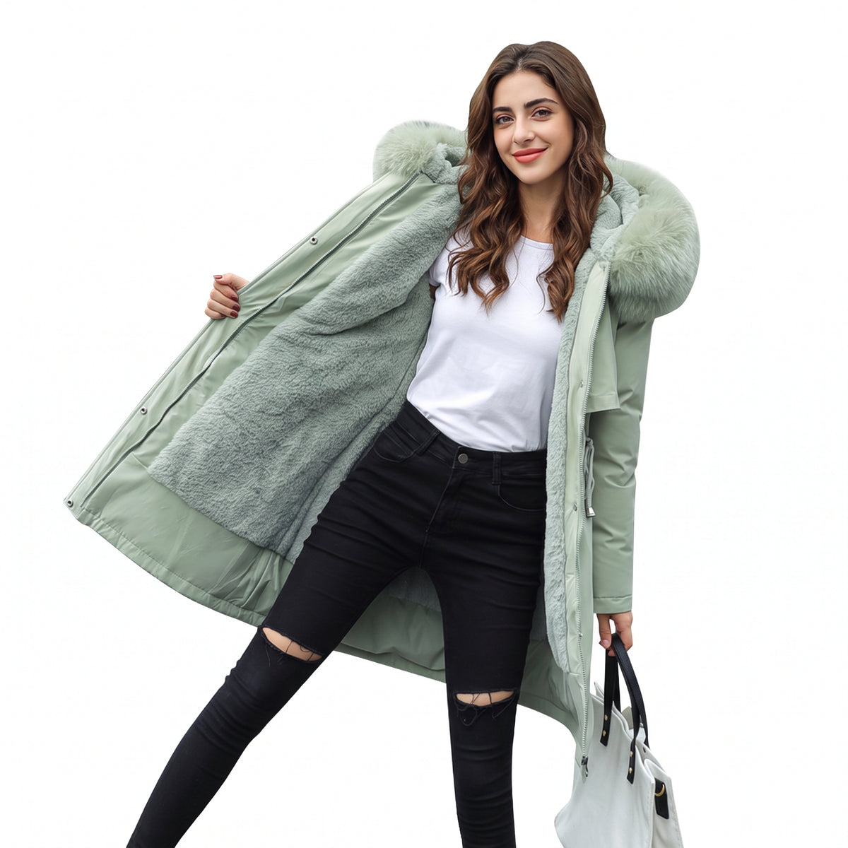 Parka medio lungo con cappuccio e collo in pelliccia
