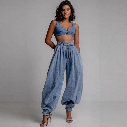 High-Waist-Jeans mit Bindebändern am Bein